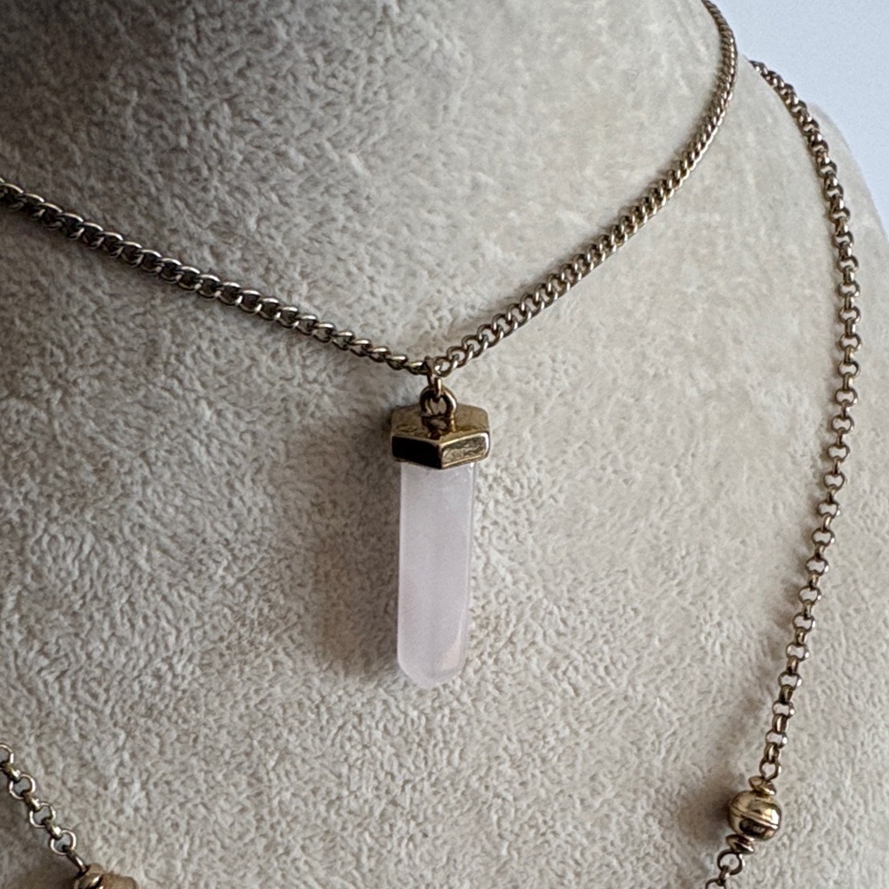 Gold-Tone Rose Quartz Stone Layered Tassel Necklace - Picture 3 of 9